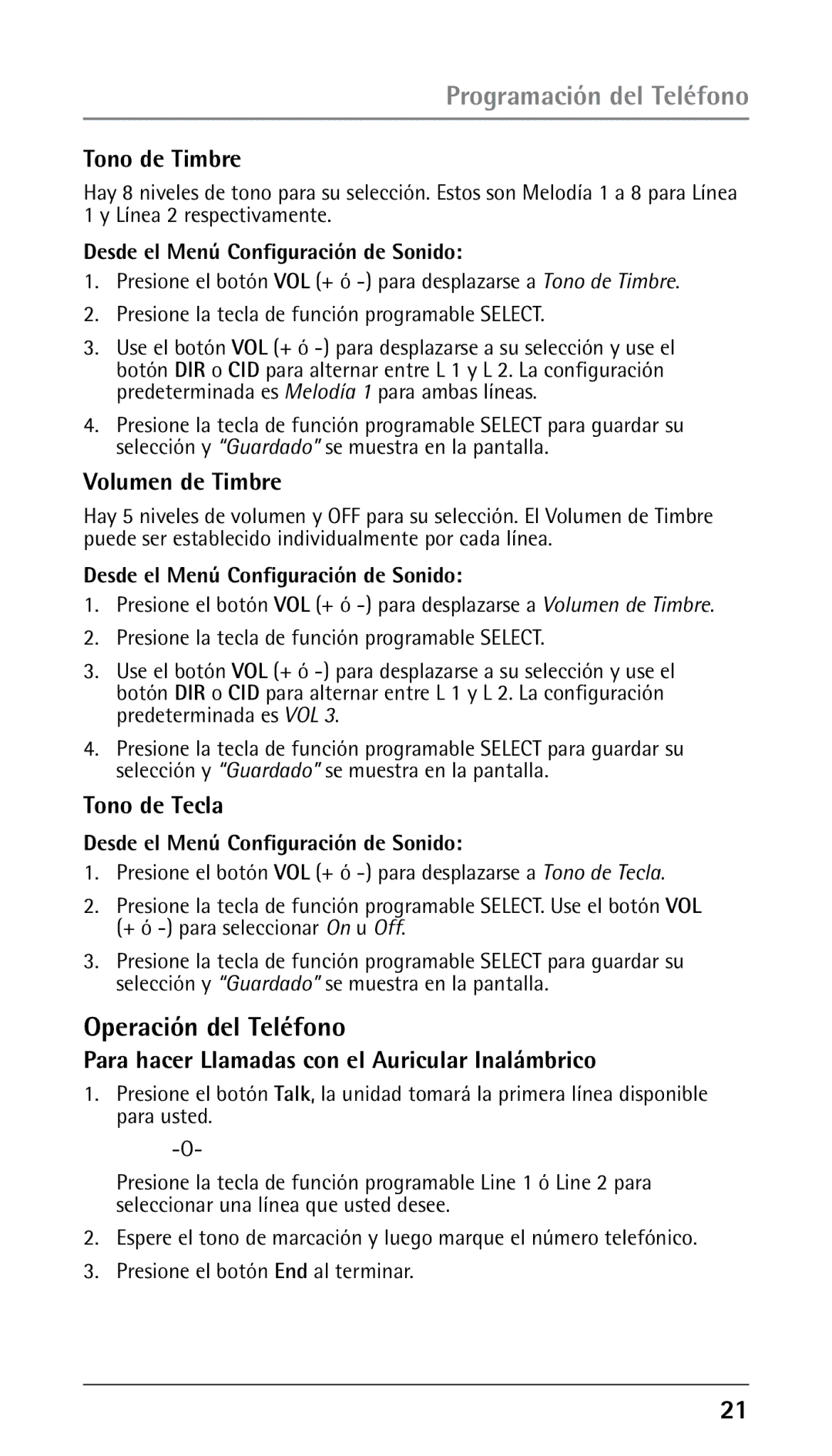 GE 25210 manual Operación del Teléfono, Tono de Timbre, Volumen de Timbre, Tono de Tecla 