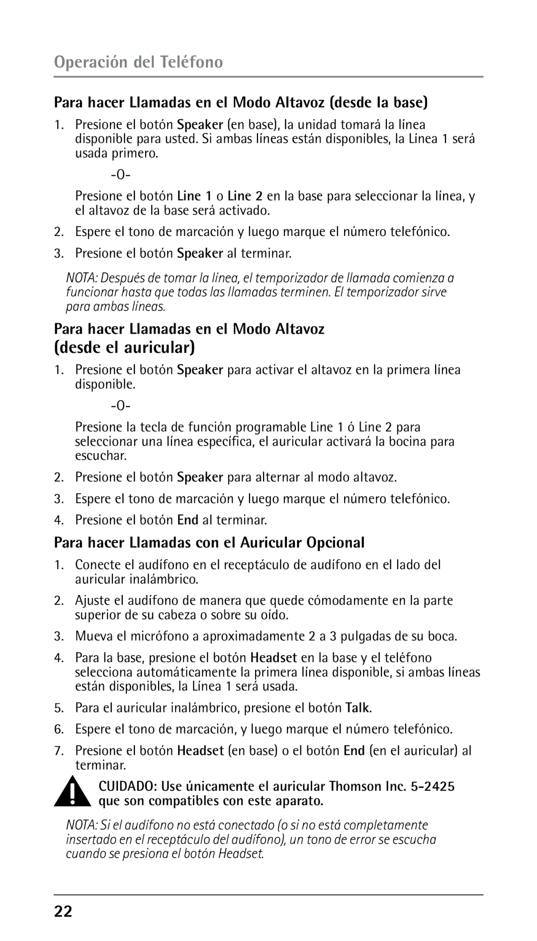 GE 25210 manual Operación del Teléfono, Desde el auricular, Para hacer Llamadas en el Modo Altavoz desde la base 