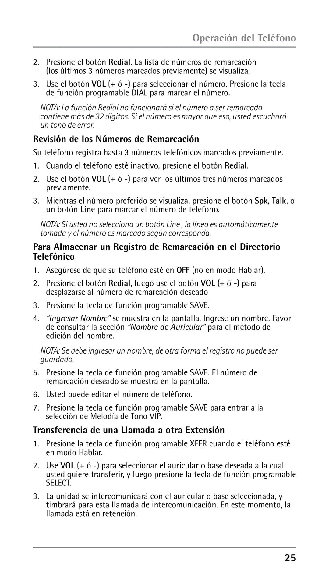 GE 25210 manual Revisión de los Números de Remarcación, Transferencia de una Llamada a otra Extensión 