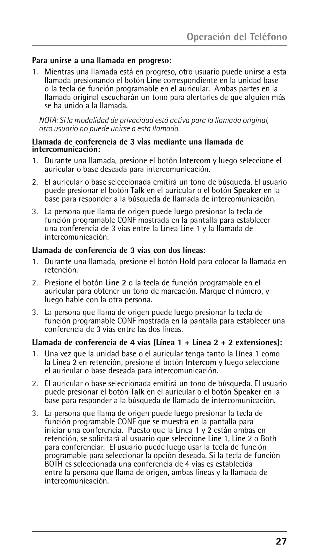 GE 25210 manual Para unirse a una llamada en progreso, Llamada de conferencia de 3 vías con dos líneas 