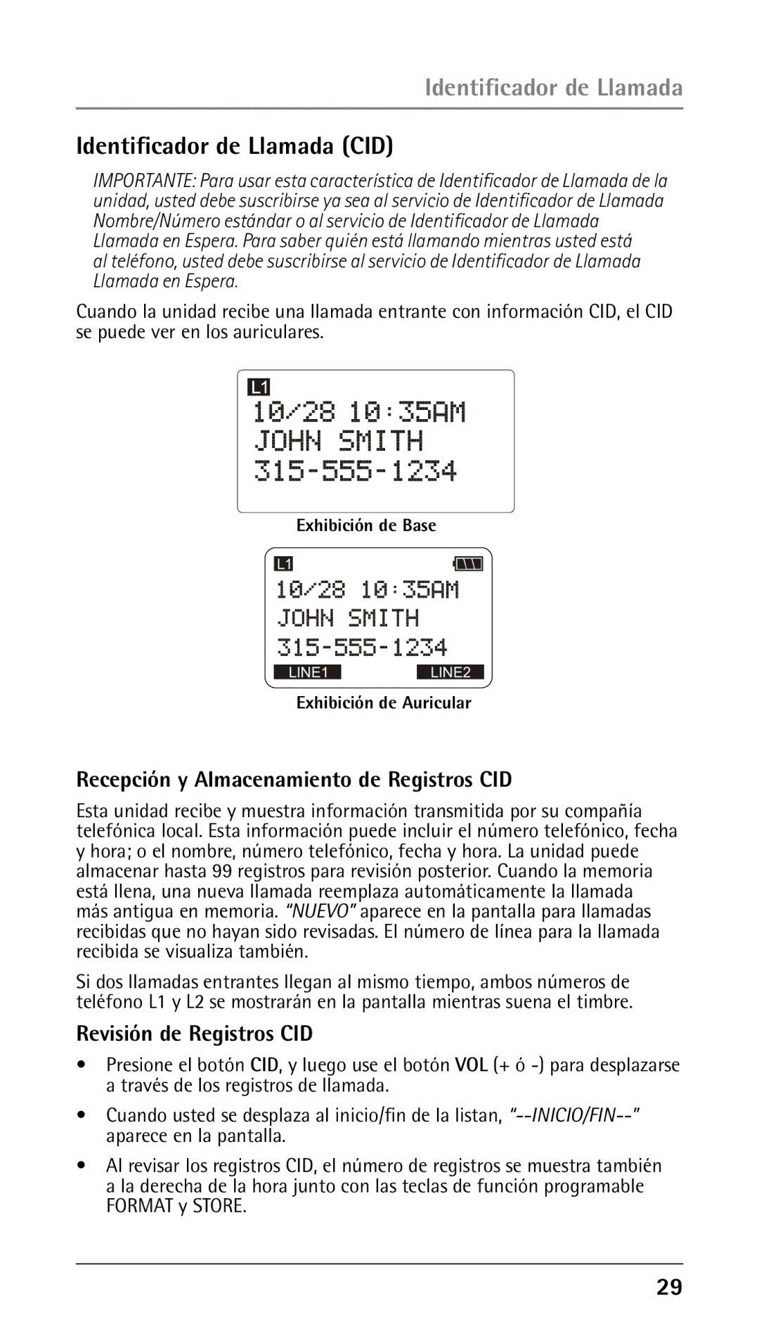 GE 25210 manual Identificador de Llamada CID, Recepción y Almacenamiento de Registros CID, Revisión de Registros CID 