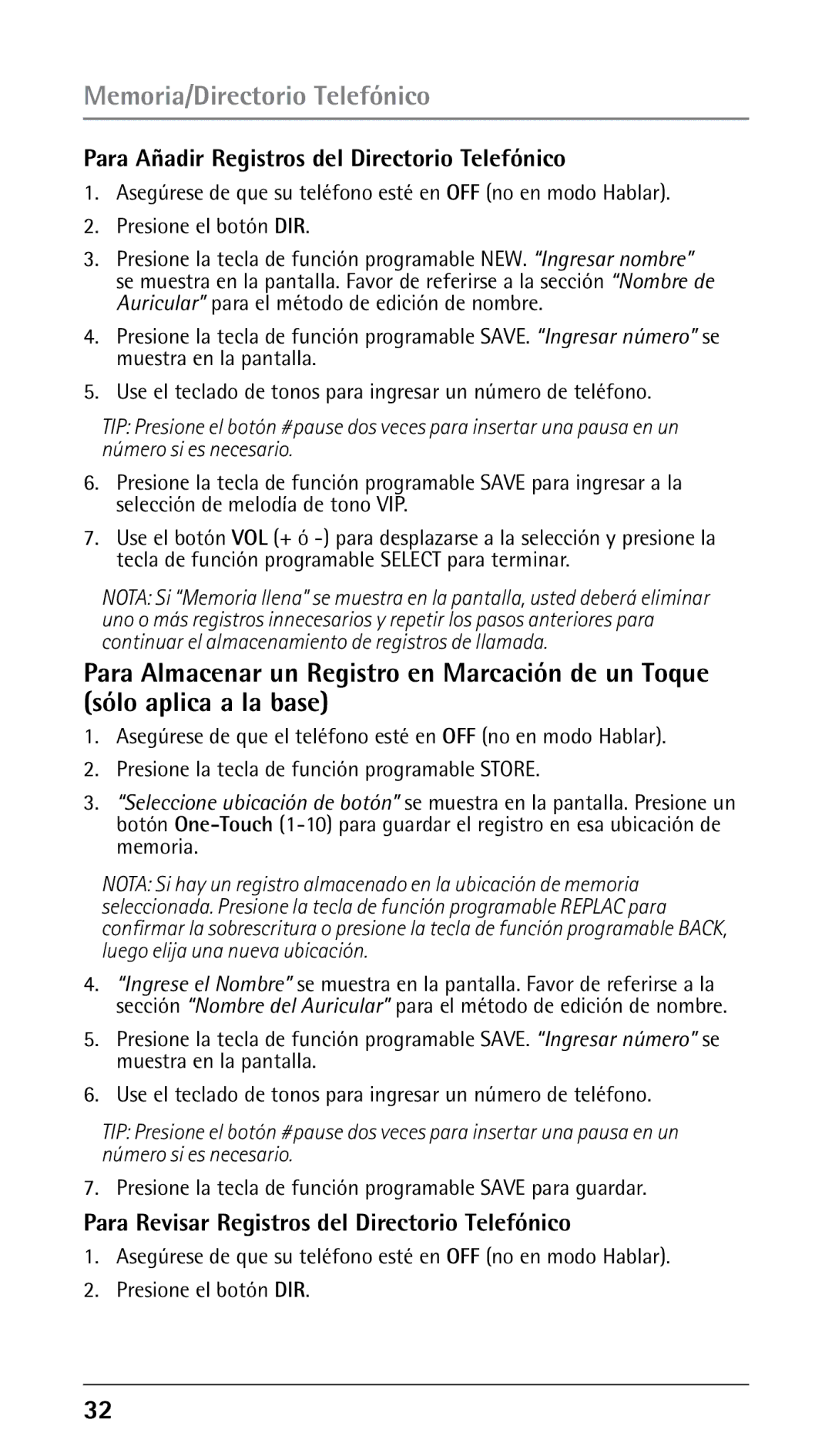 GE 25210 manual Para Añadir Registros del Directorio Telefónico, Para Revisar Registros del Directorio Telefónico 