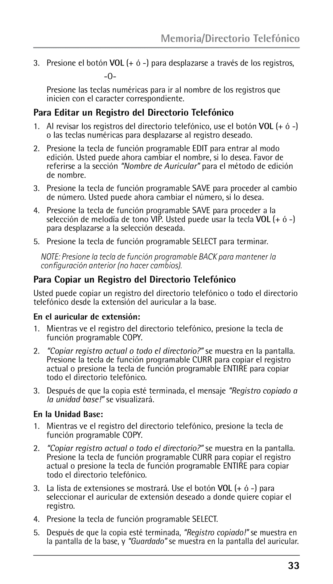 GE 25210 manual Para Editar un Registro del Directorio Telefónico, Para Copiar un Registro del Directorio Telefónico 