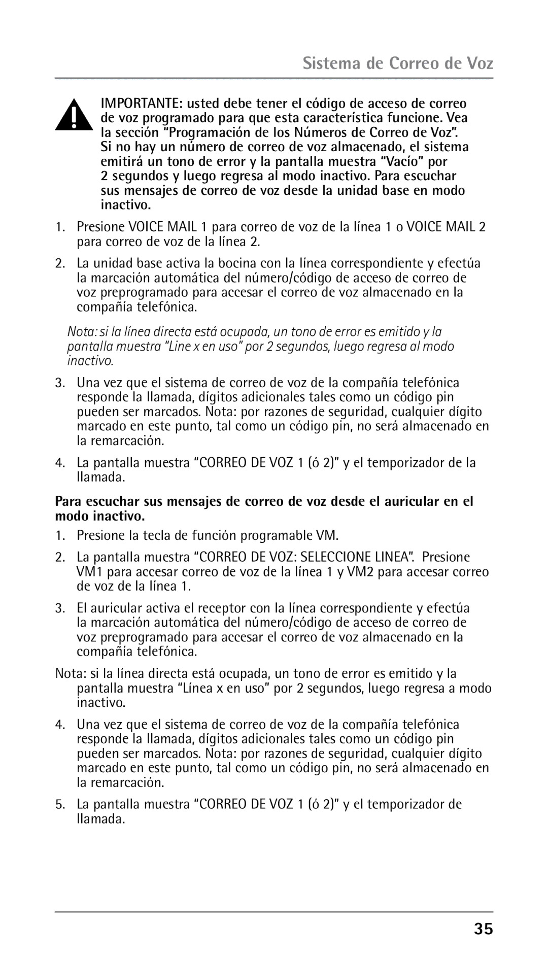 GE 25210 manual Sistema de Correo de Voz 