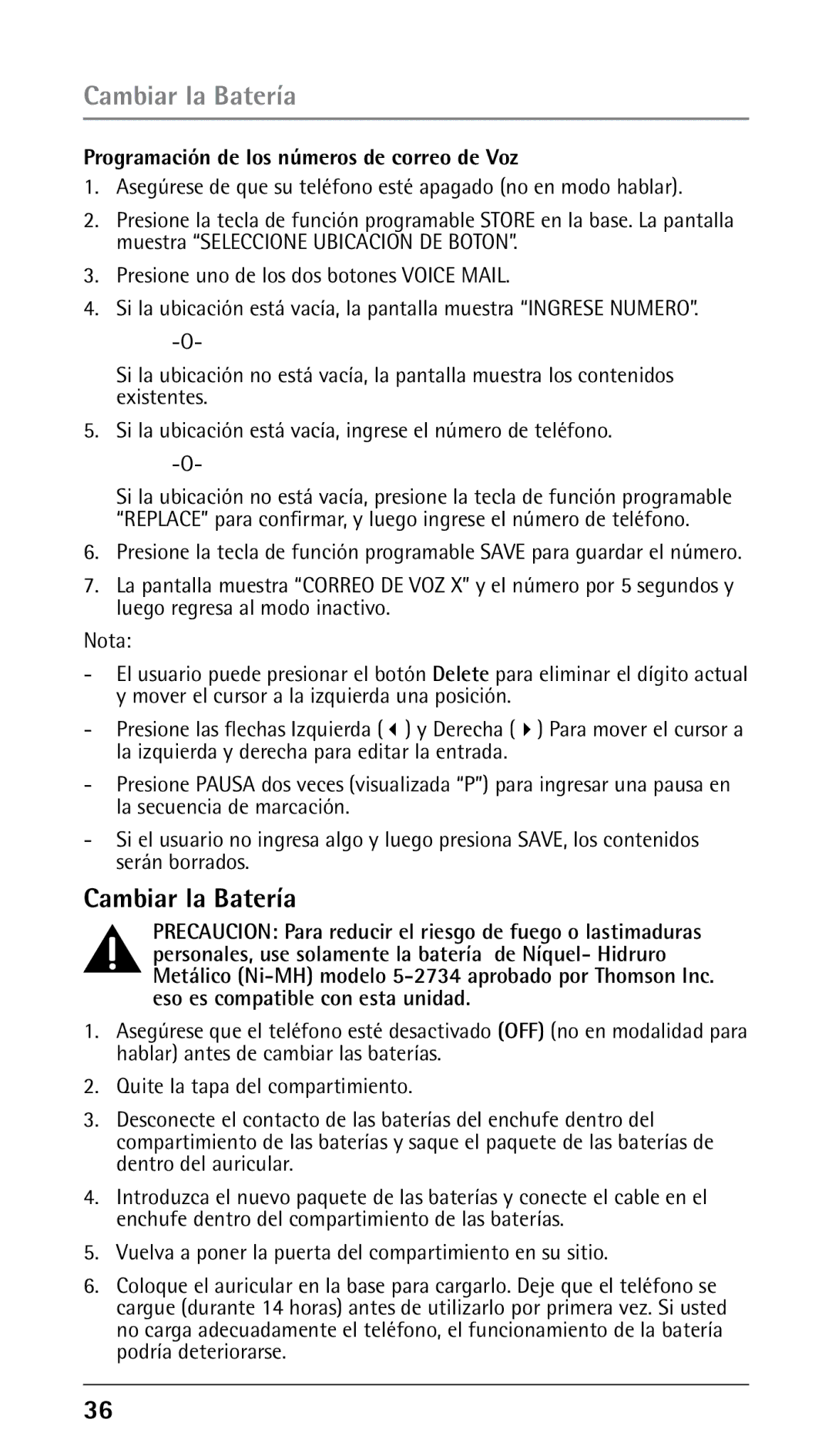 GE 25210 manual Cambiar la Batería, Programación de los números de correo de Voz 