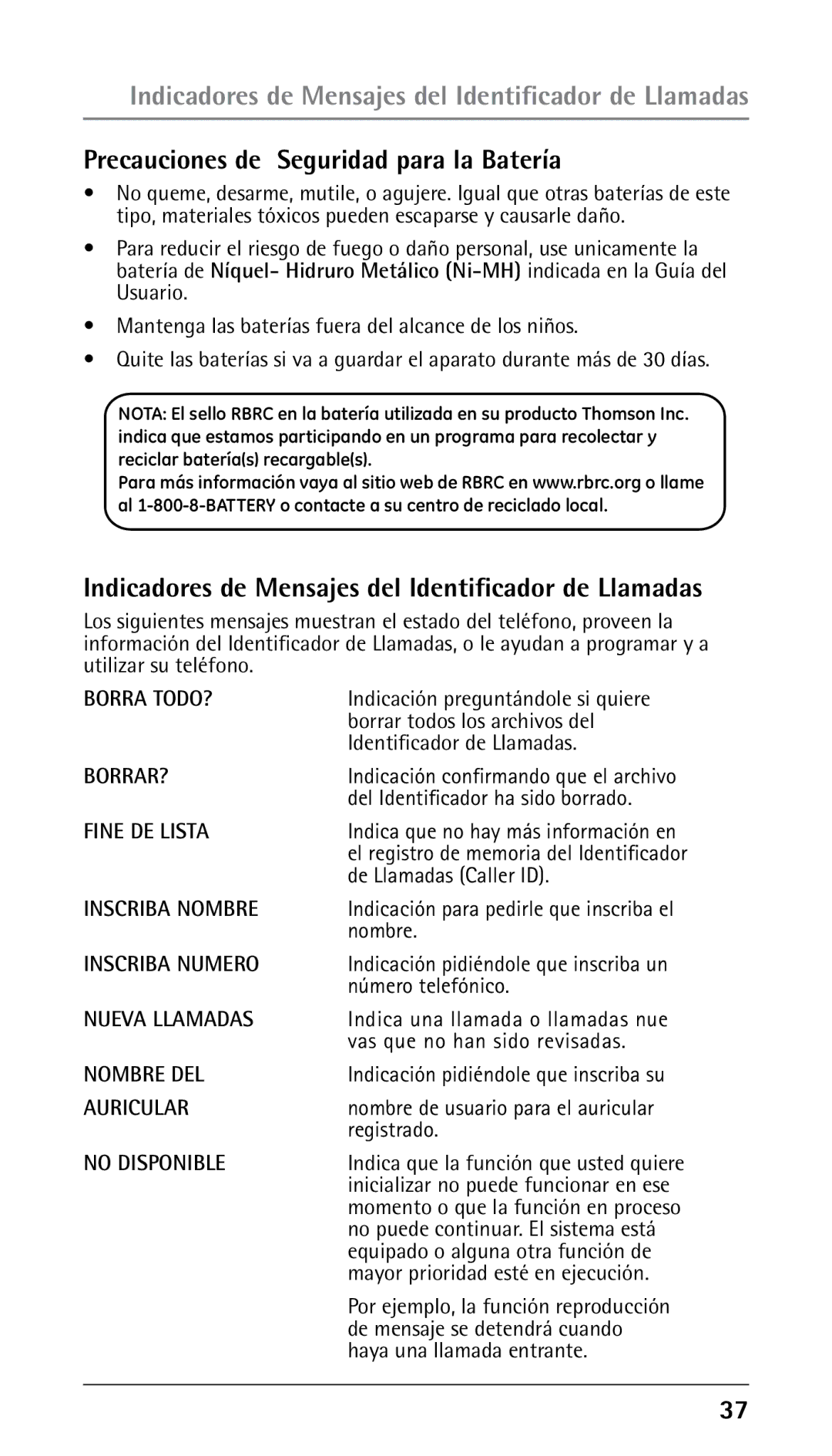 GE 25210 manual Precauciones de Seguridad para la Batería, Indicadores de Mensajes del Identificador de Llamadas 