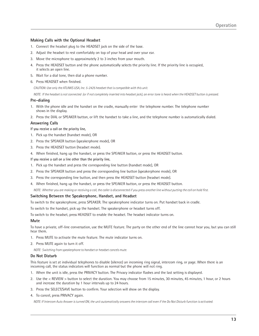GE 25413, 25414 manual Making Calls with the Optional Headset, Pre-dialing, Answering Calls, Mute, Do Not Disturb 