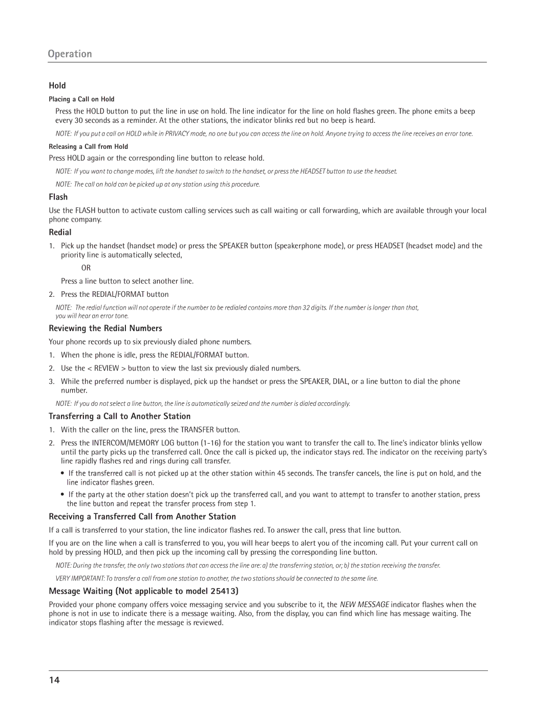 GE 25414, 25413 manual Hold, Flash, Reviewing the Redial Numbers, Transferring a Call to Another Station 