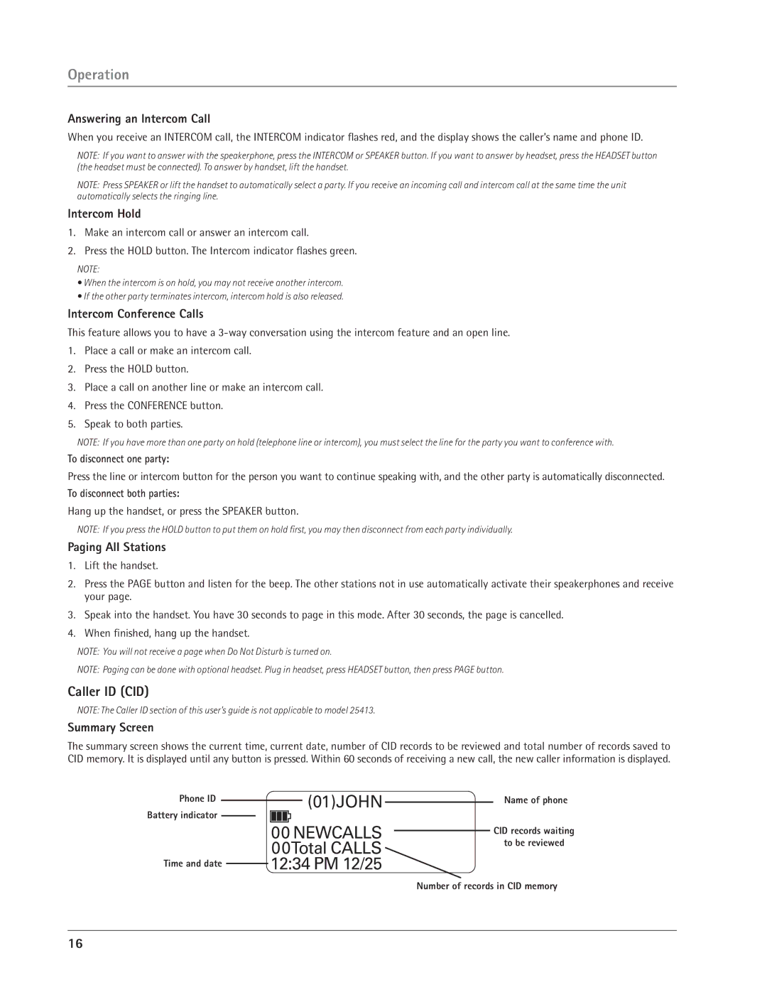 GE 25414, 25413 manual Caller ID CID 