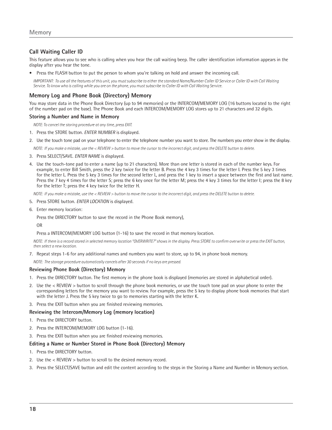 GE 25414, 25413 manual Call Waiting Caller ID, Memory Log and Phone Book Directory Memory 