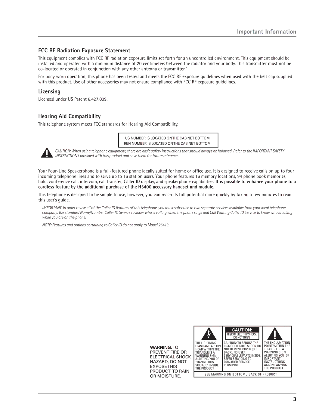 GE 25413, 25414 manual FCC RF Radiation Exposure Statement, Licensing, Hearing Aid Compatibility 