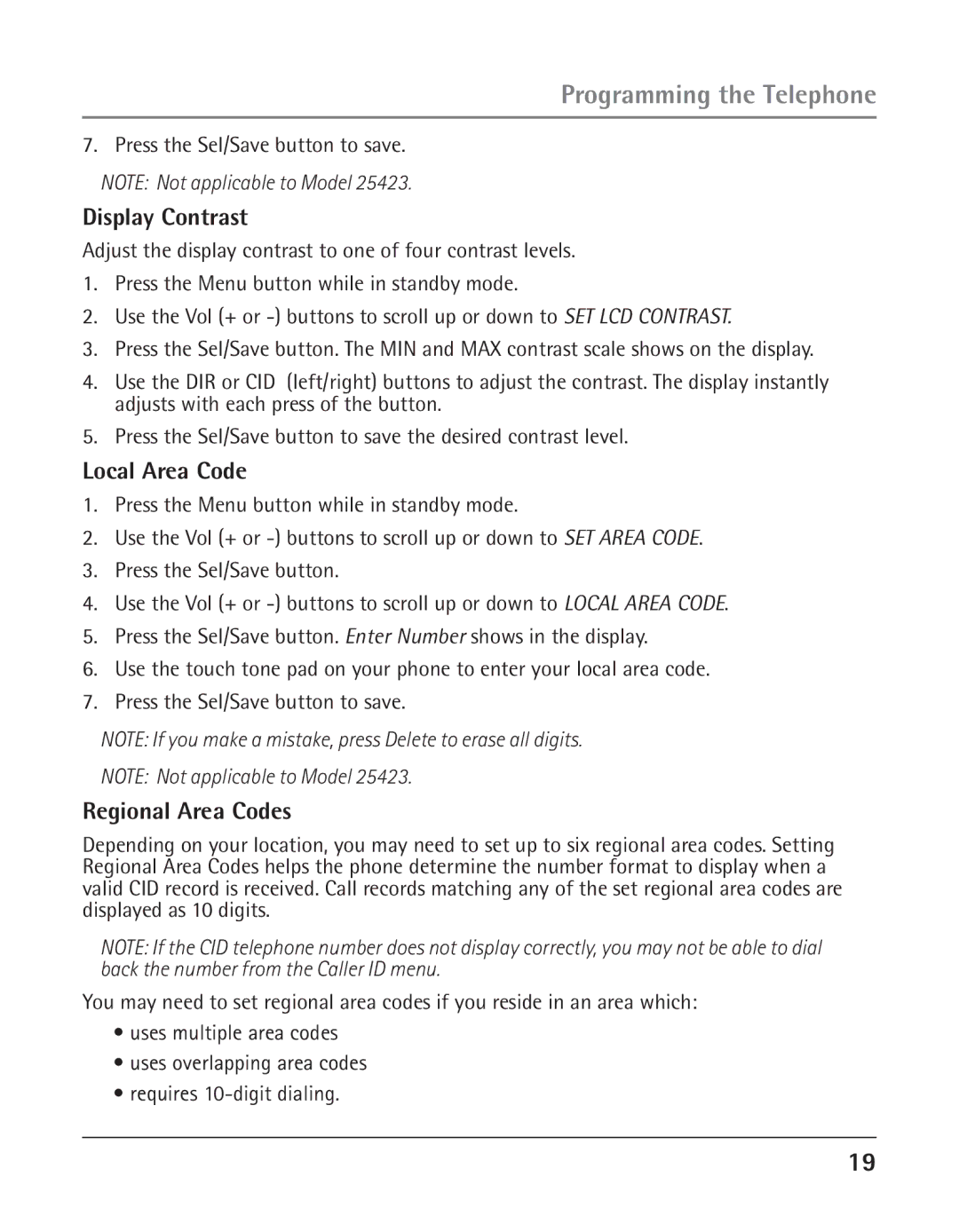 GE 25423, 25424 manual Display Contrast, Local Area Code, Regional Area Codes 