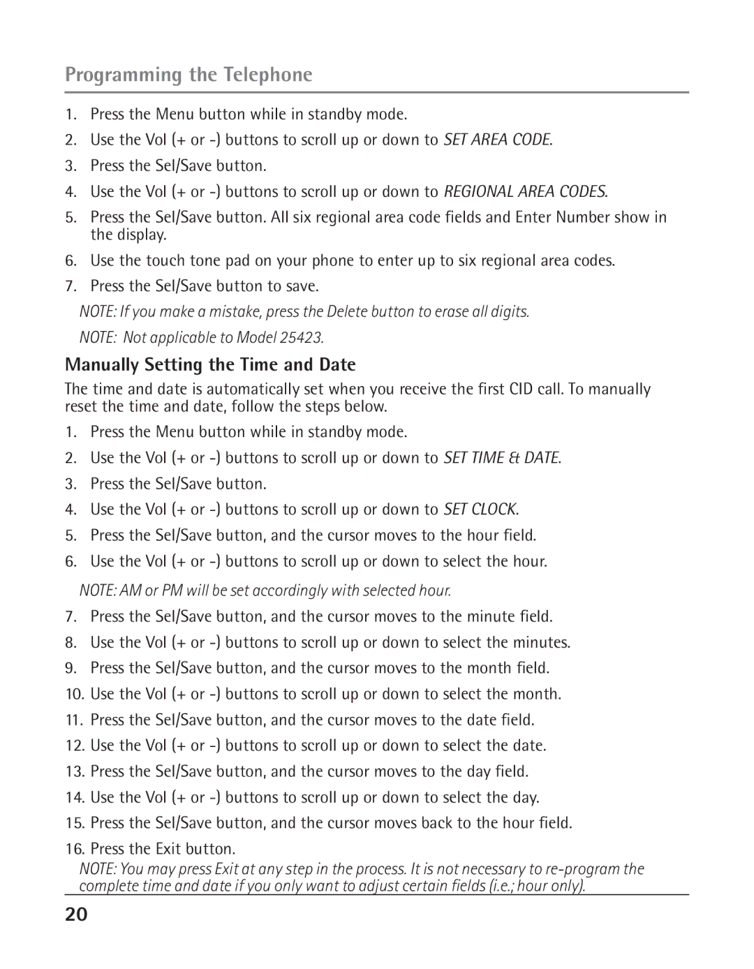 GE 25424, 25423 manual Manually Setting the Time and Date 