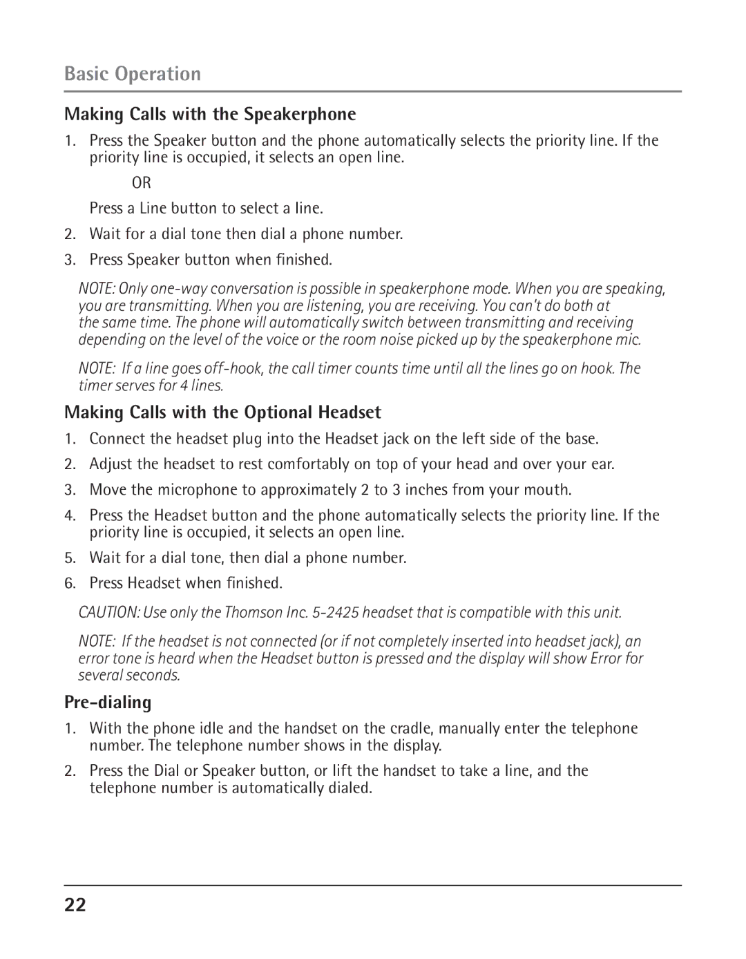GE 25424, 25423 manual Making Calls with the Speakerphone, Making Calls with the Optional Headset, Pre-dialing 
