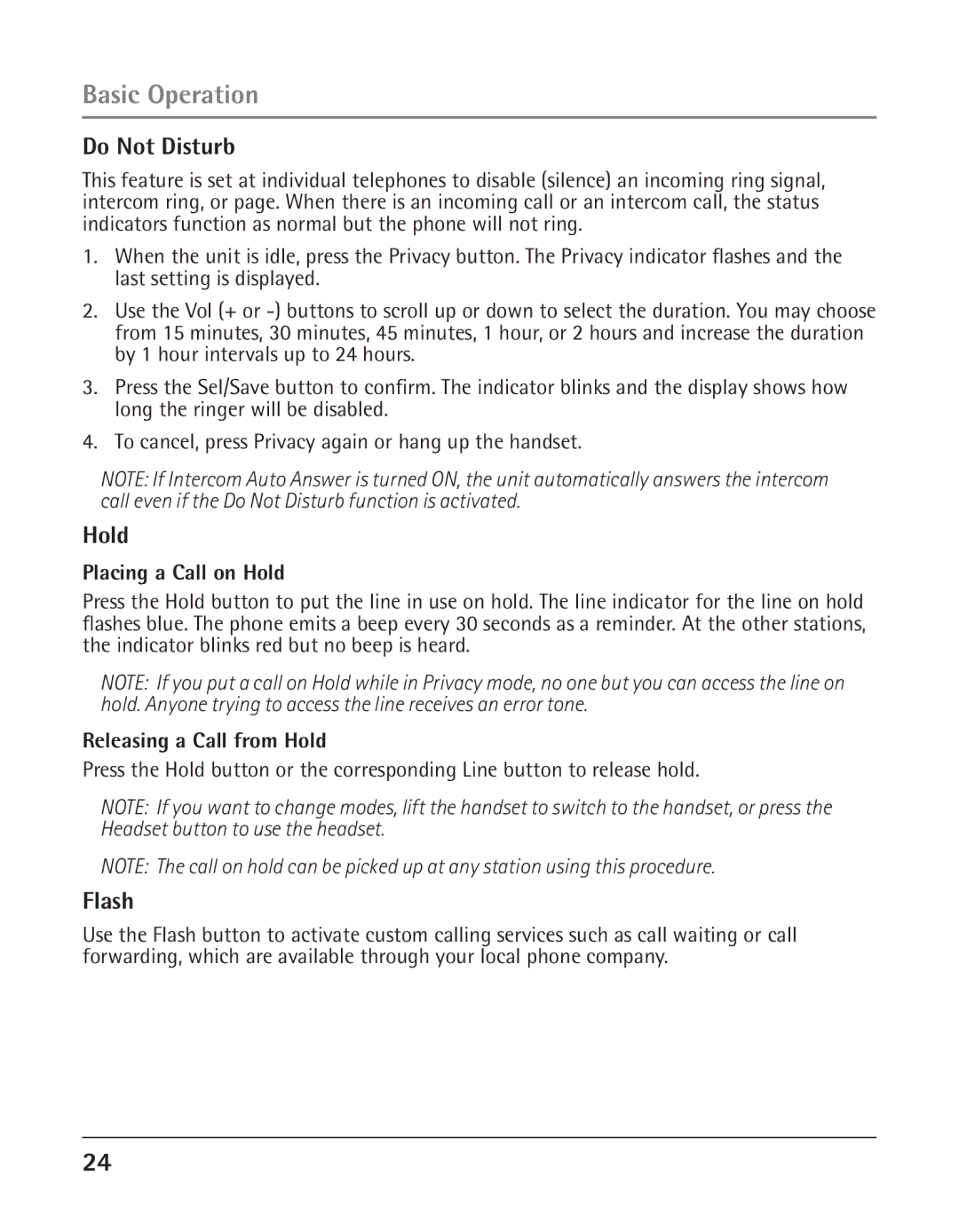 GE 25424, 25423 manual Do Not Disturb, Flash, Placing a Call on Hold, Releasing a Call from Hold 