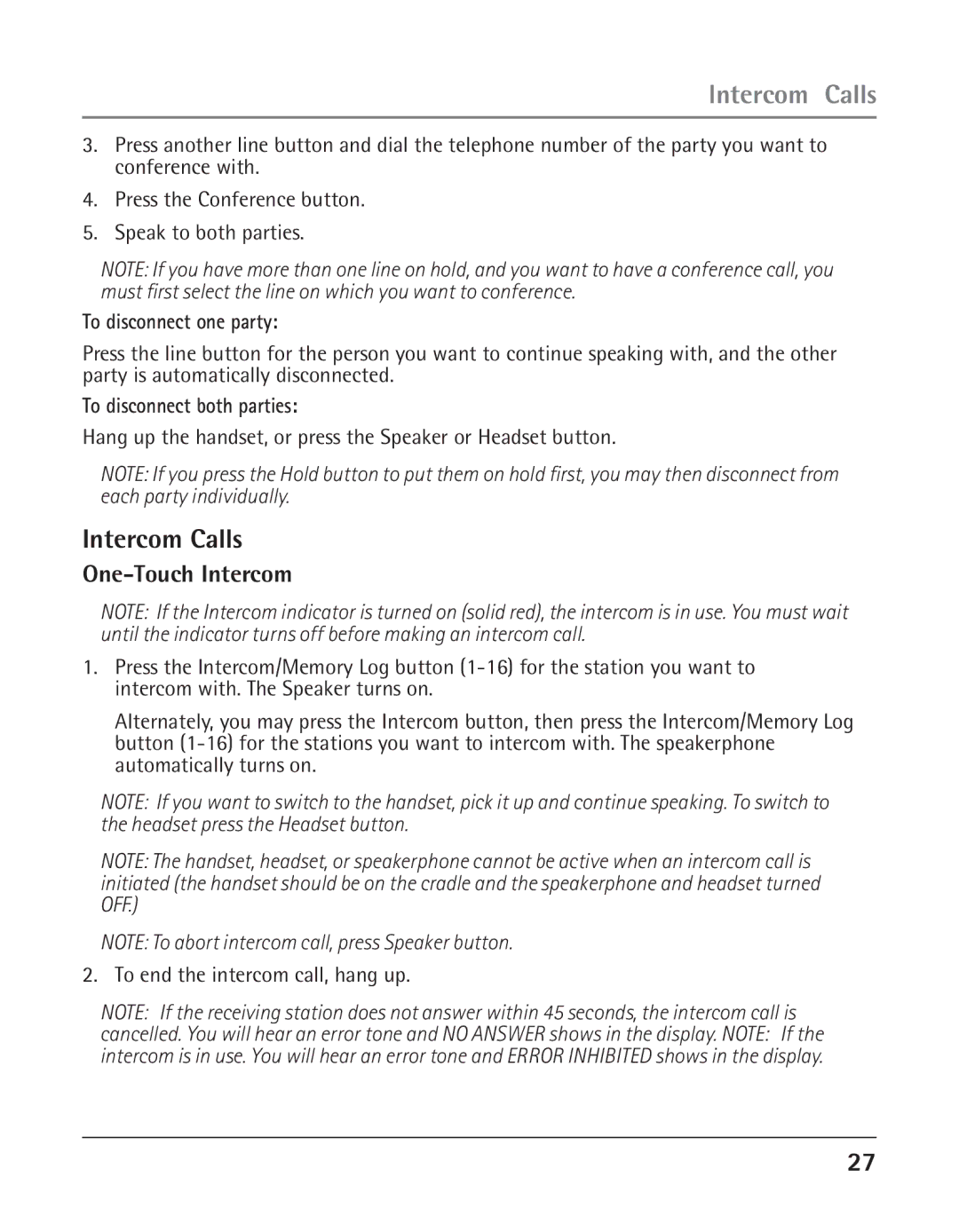 GE 25423, 25424 manual Intercom Calls, One-Touch Intercom, To disconnect one party, To disconnect both parties 