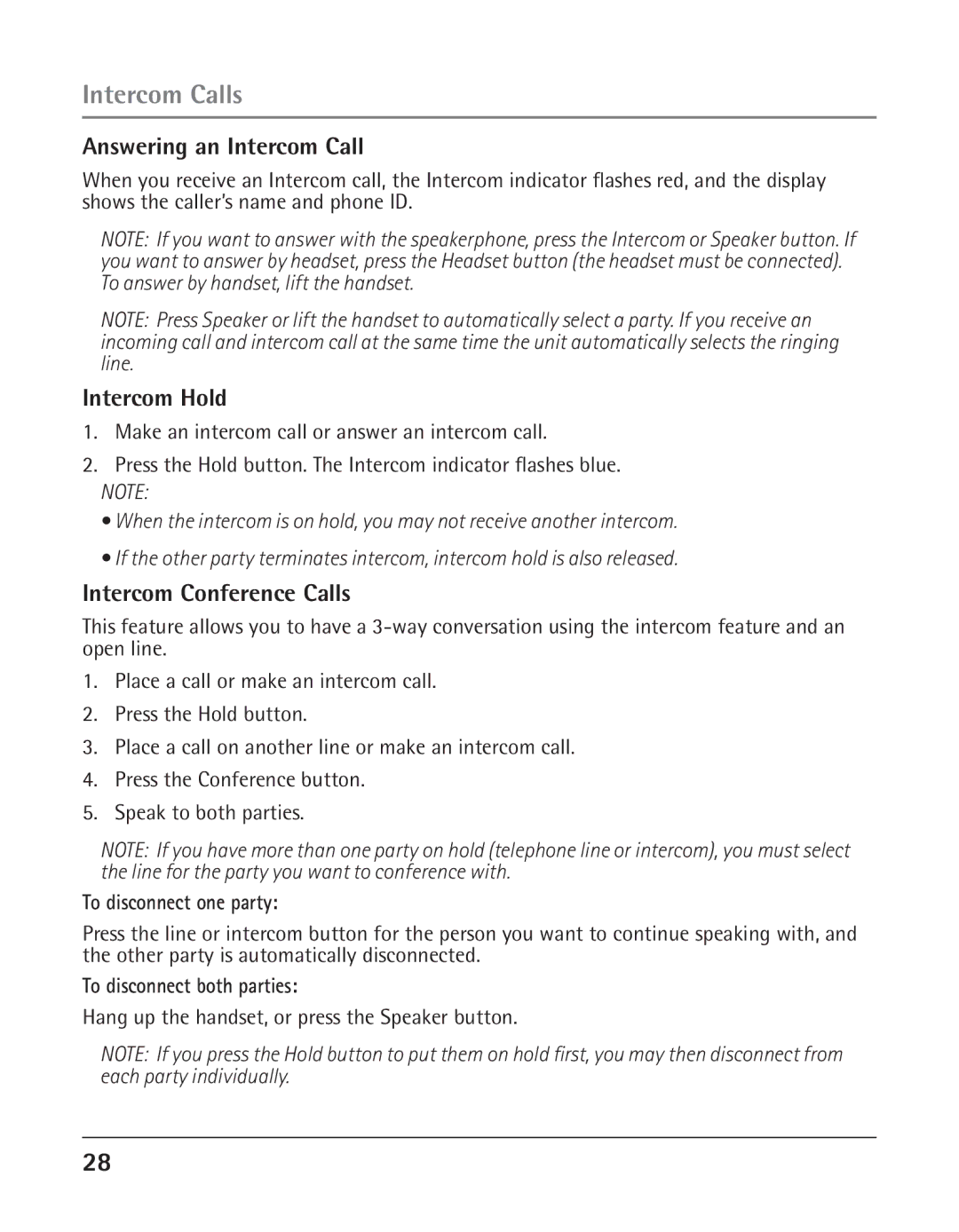 GE 25424, 25423 manual Answering an Intercom Call, Intercom Hold, Intercom Conference Calls 