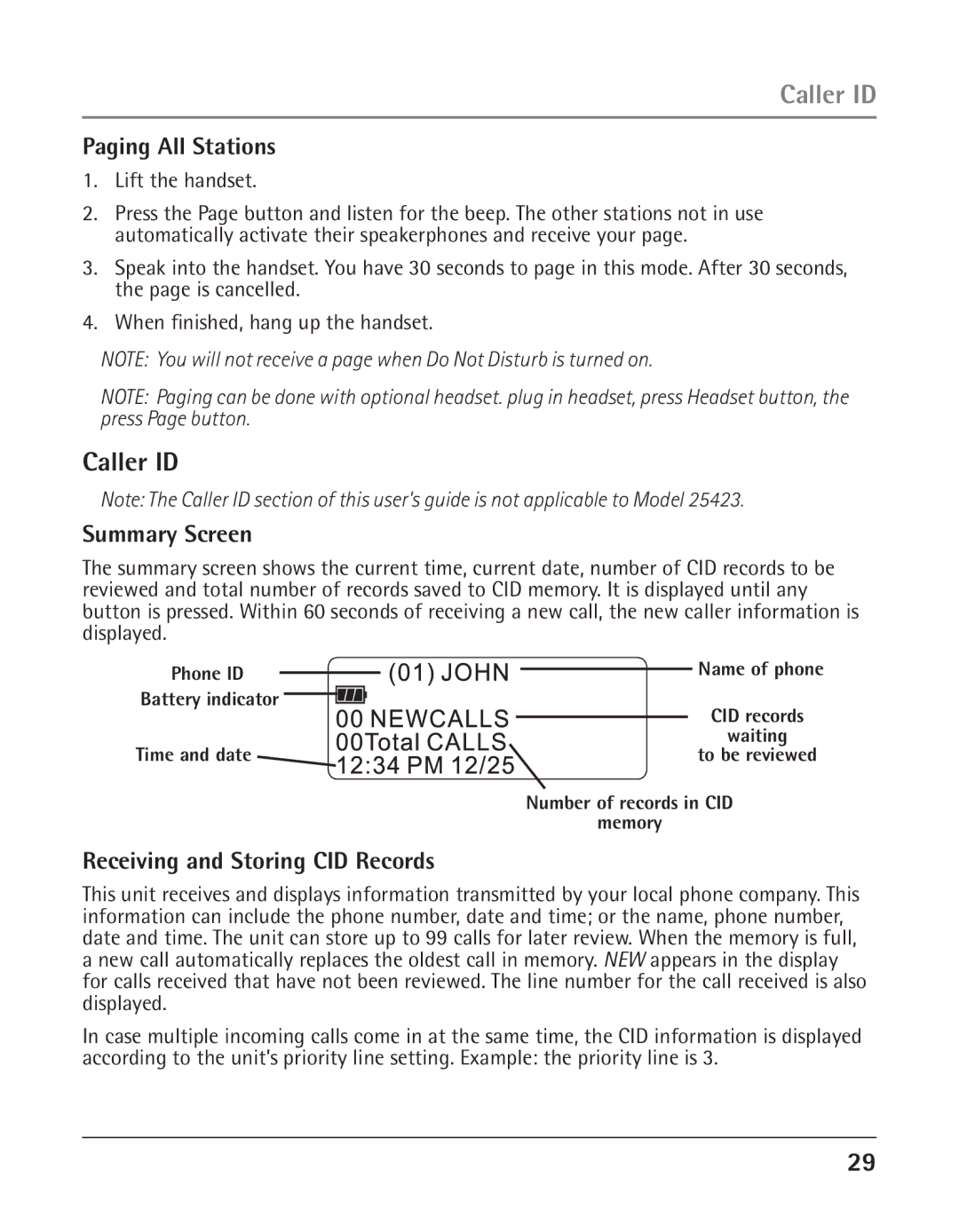 GE 25423, 25424 manual Caller ID, Paging All Stations, Summary Screen, Receiving and Storing CID Records 