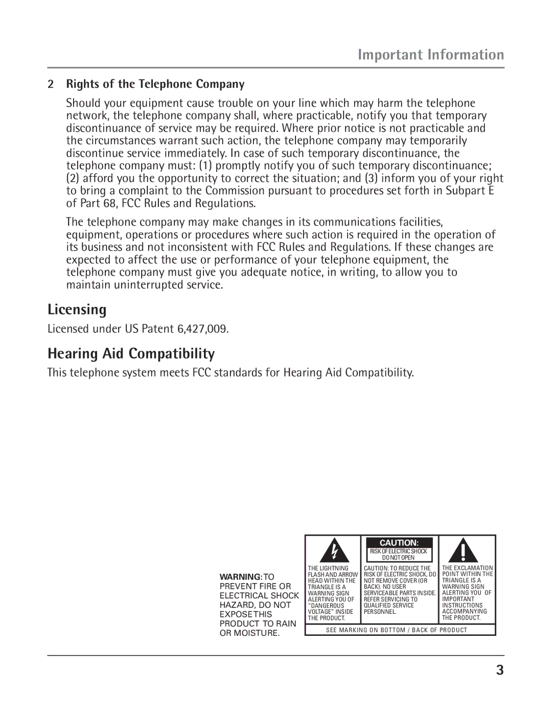 GE 25423, 25424 Licensing, Hearing Aid Compatibility, Rights of the Telephone Company, Licensed under US Patent 6,427,009 