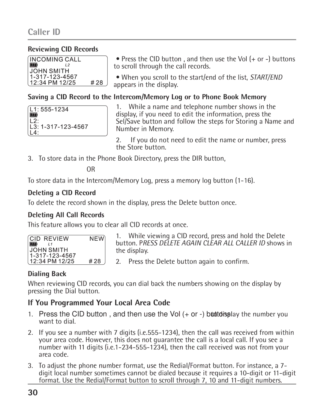 GE 25424 If You Programmed Your Local Area Code, Reviewing CID Records, Deleting a CID Record, Deleting All Call Records 