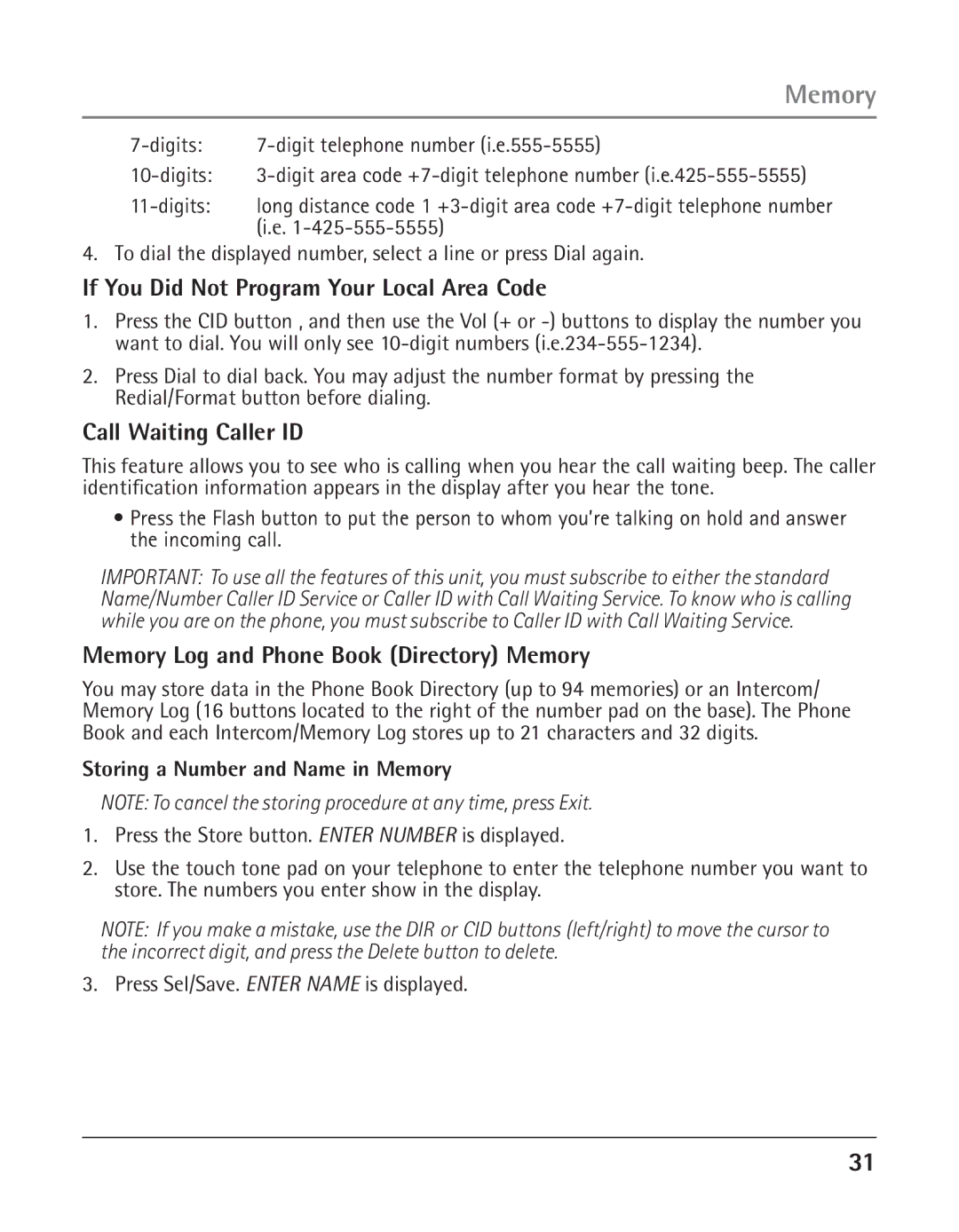 GE 25423 If You Did Not Program Your Local Area Code, Call Waiting Caller ID, Storing a Number and Name in Memory 