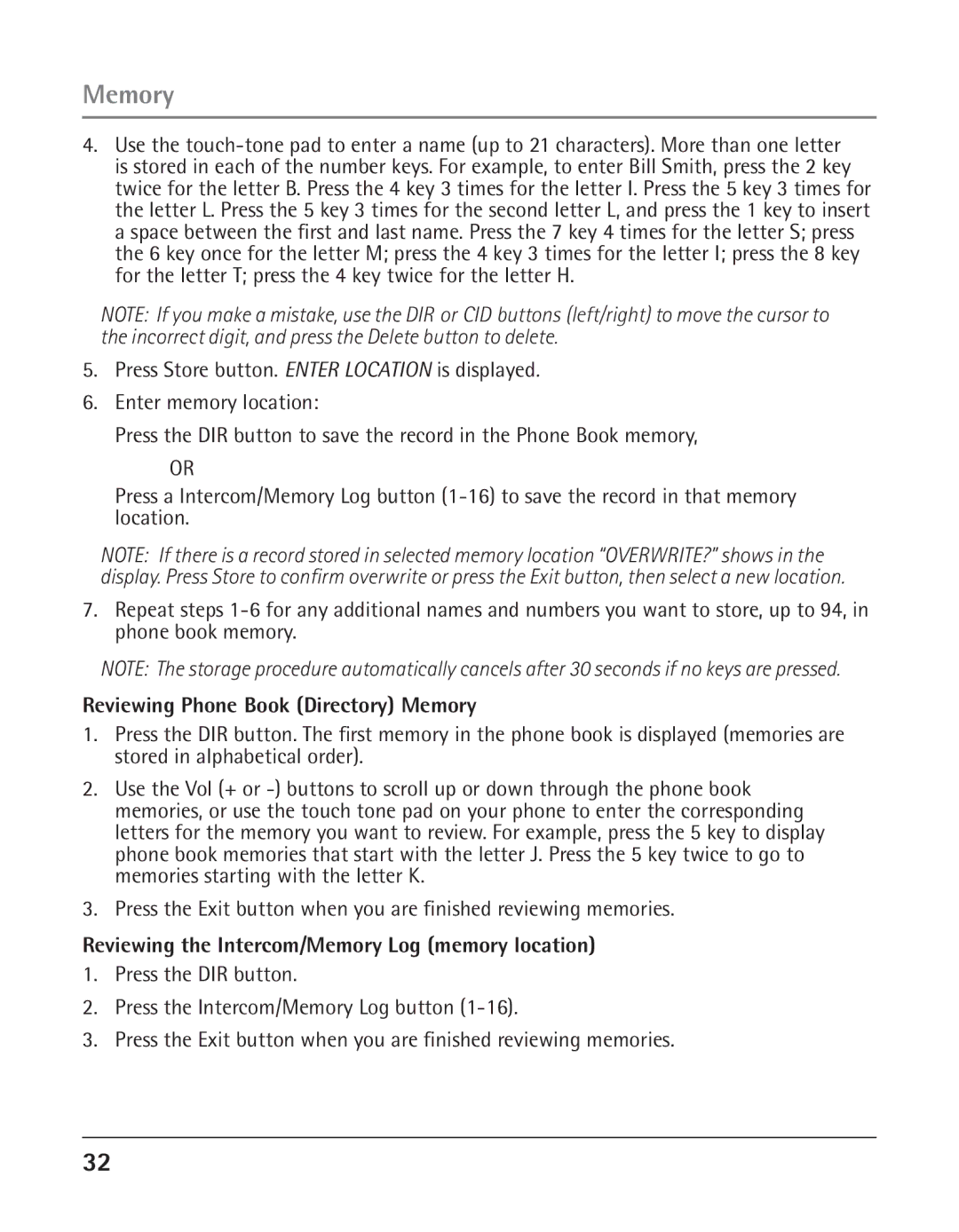 GE 25424, 25423 manual Reviewing Phone Book Directory Memory, Reviewing the Intercom/Memory Log memory location 