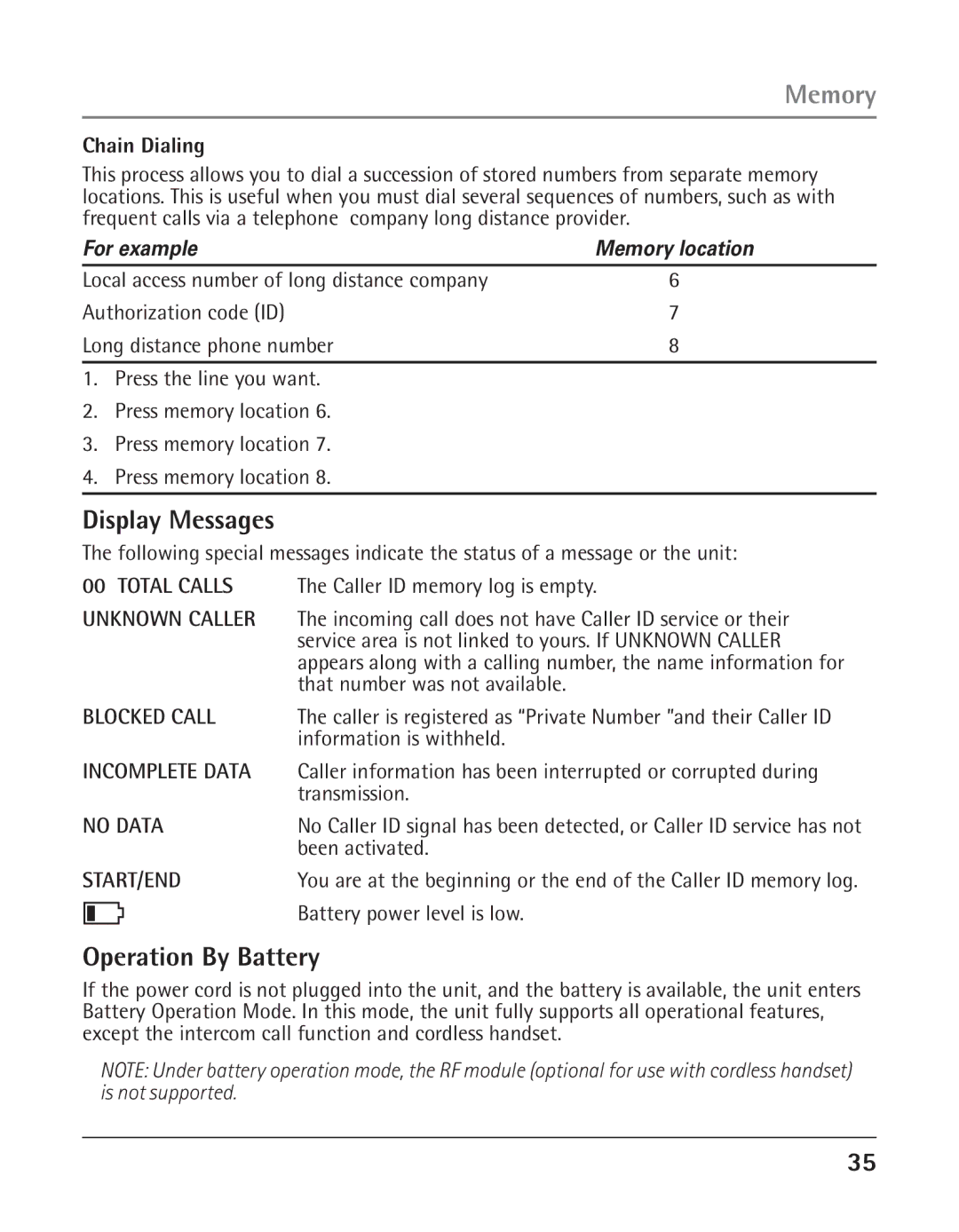 GE 25423, 25424 manual Display Messages, Operation By Battery, Chain Dialing 