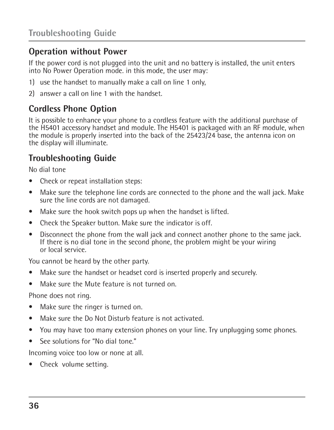 GE 25424, 25423 manual Troubleshooting Guide, Operation without Power, Cordless Phone Option 