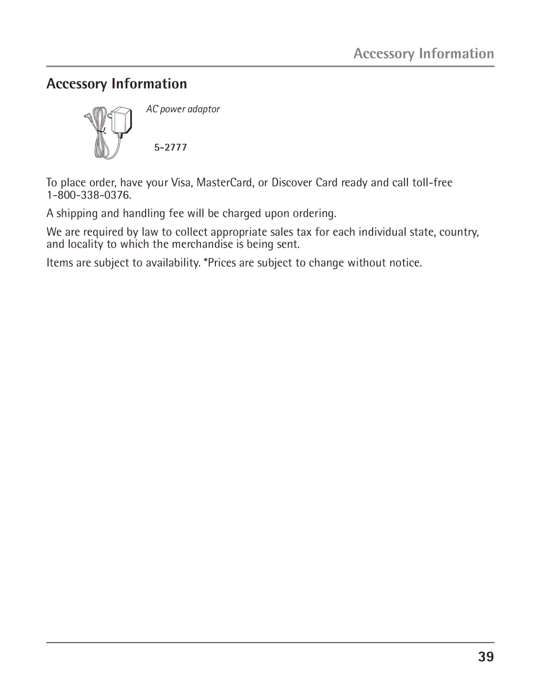 GE 25423, 25424 manual Accessory Information 