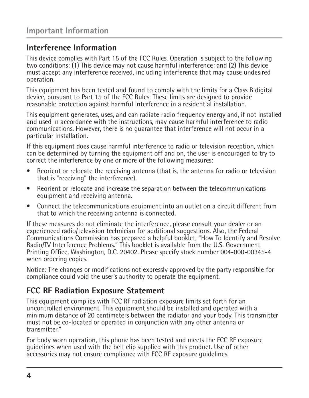 GE 25424, 25423 manual Interference Information, FCC RF Radiation Exposure Statement 