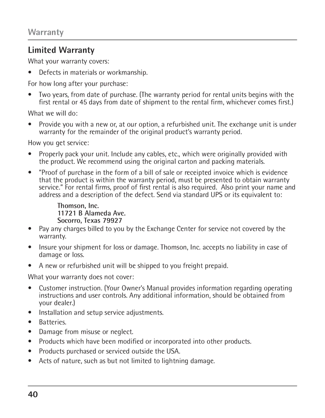 GE 25424, 25423 manual Limited Warranty, What your warranty covers, Thomson, Inc Alameda Ave Socorro, Texas 