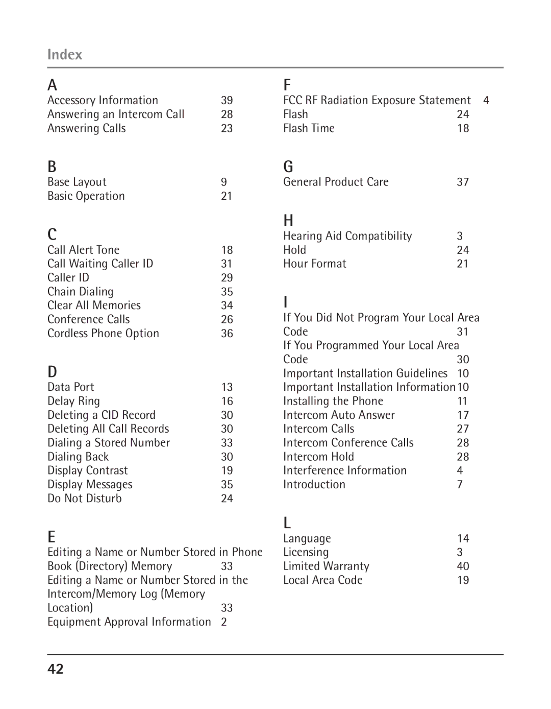 GE 25424, 25423 manual Index, Accessory Information, Cordless Phone Option Code, Data Port, Location 