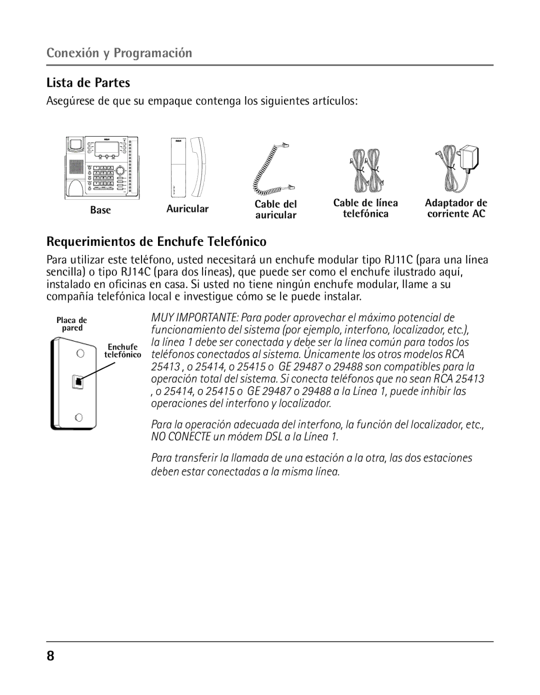 GE 25424, 25423 manual Conexión y Programación, Lista de Partes, Requerimientos de Enchufe Telefónico 