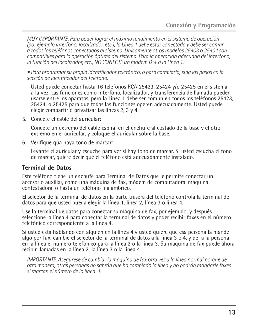 GE 25423, 25424 manual Terminal de Datos, Conecte el cable del auricular, Verifique qua haya tono de marcar 