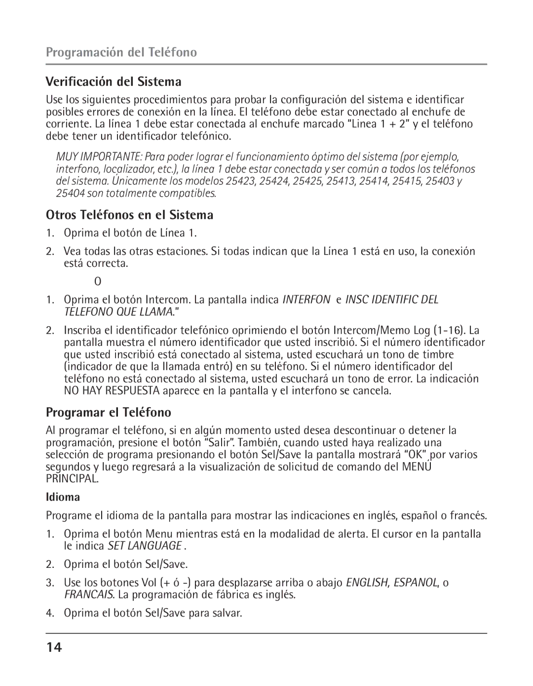 GE 25424 Programación del Teléfono, Verificación del Sistema, Otros Teléfonos en el Sistema, Programar el Teléfono, Idioma 