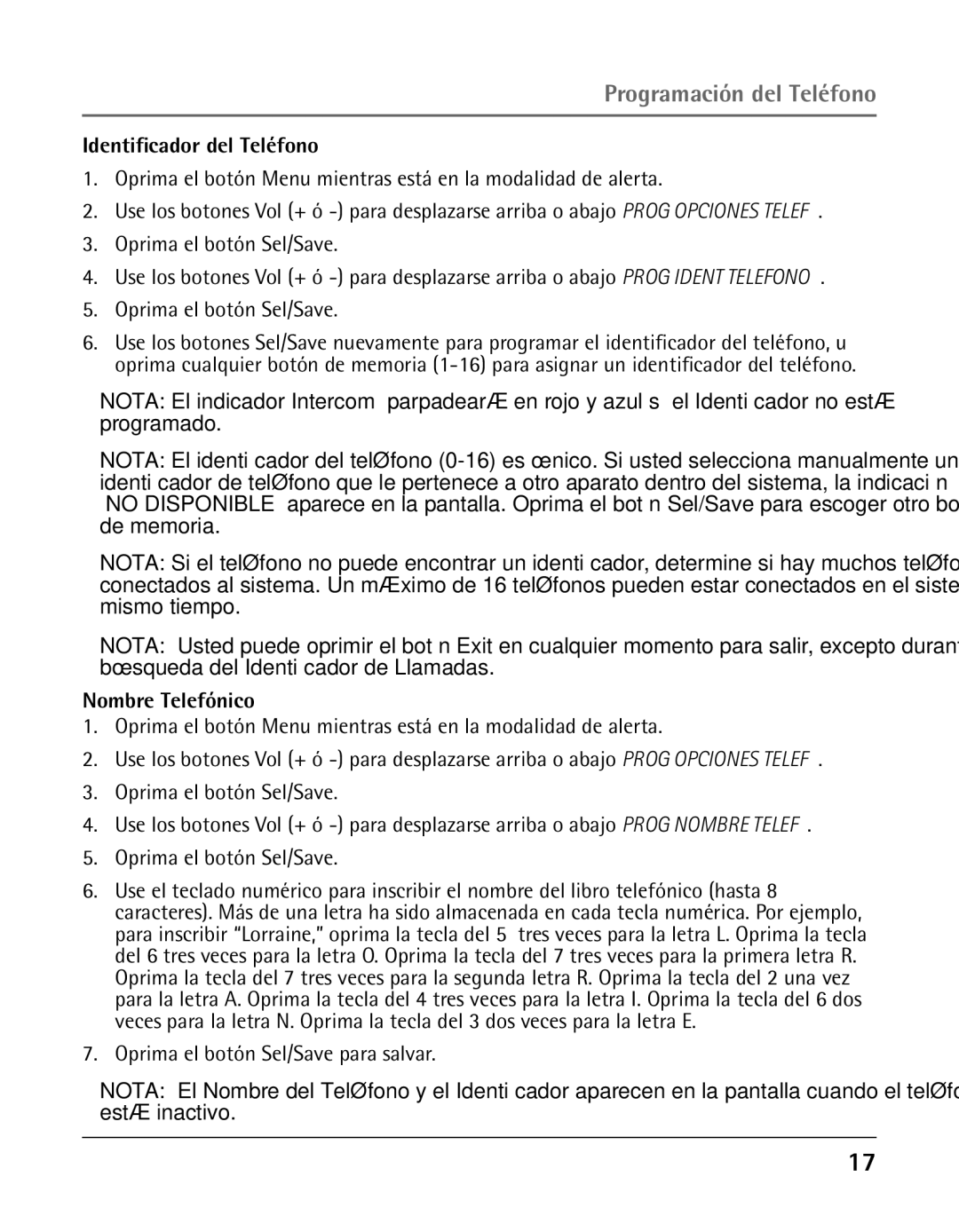 GE 25423, 25424 manual Identificador del Teléfono, Nombre Telefónico 