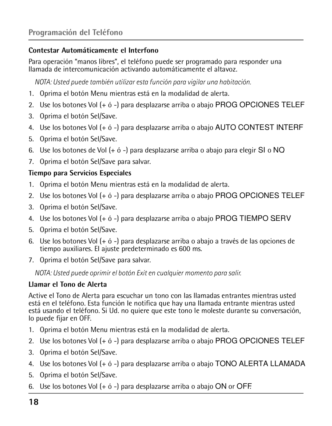 GE 25424, 25423 manual Contestar Automáticamente el Interfono, Tiempo para Servicios Especiales, Llamar el Tono de Alerta 