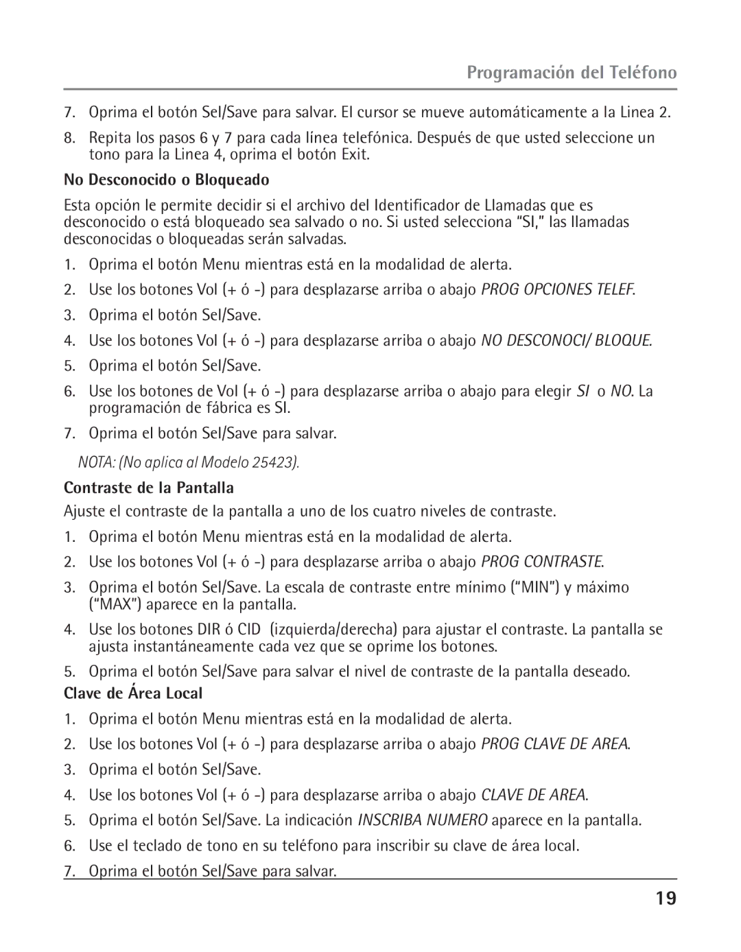 GE 25423, 25424 manual No Desconocido o Bloqueado, Contraste de la Pantalla, Clave de Área Local 