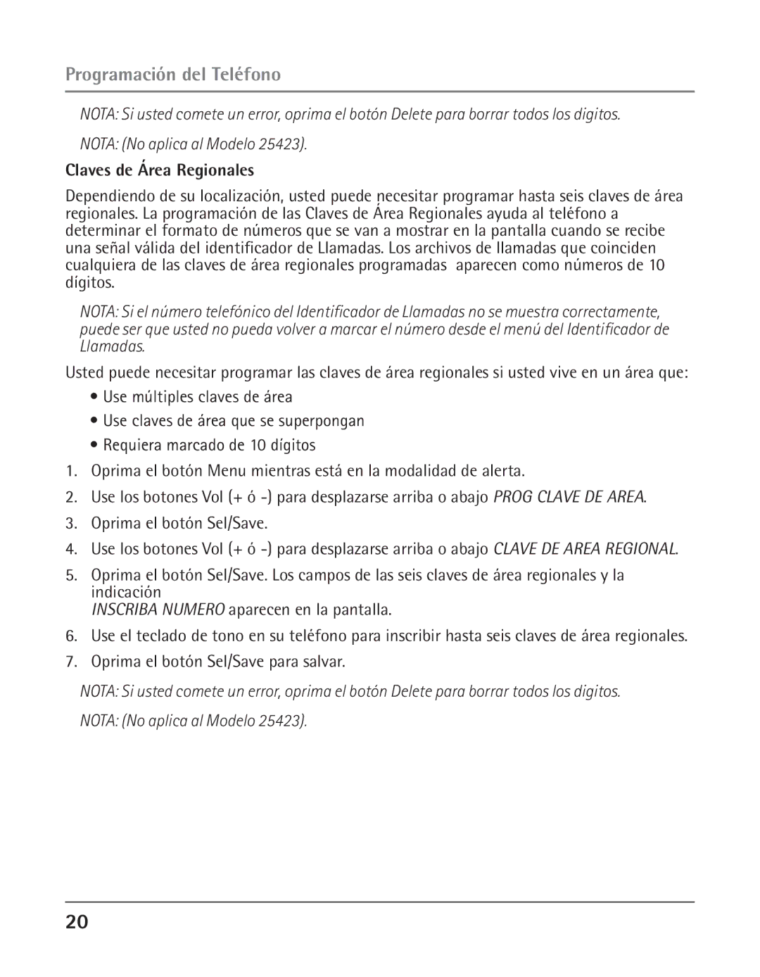 GE 25424, 25423 manual Claves de Área Regionales 