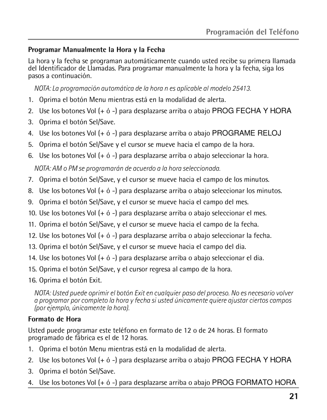 GE 25423, 25424 manual Programar Manualmente la Hora y la Fecha, Formato de Hora 