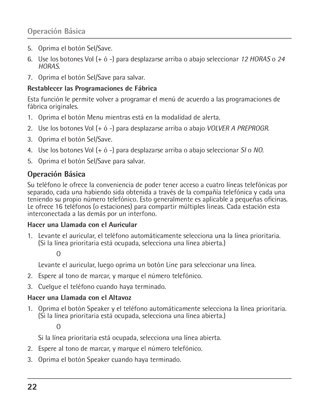 GE 25424, 25423 manual Operación Básica, Restablecer las Programaciones de Fábrica, Hacer una Llamada con el Auricular 