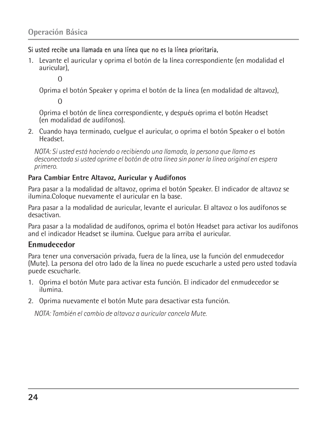 GE 25424, 25423 manual Enmudecedor, Para Cambiar Entre Altavoz, Auricular y Audifonos 