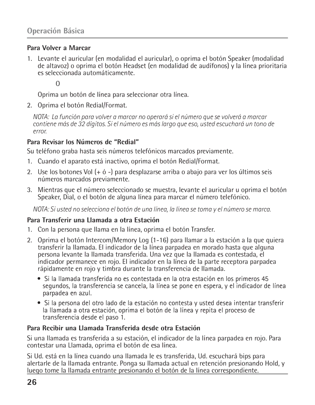 GE 25424, 25423 manual Para Volver a Marcar, Para Revisar los Números de Redial, Para Transferir una Llamada a otra Estación 