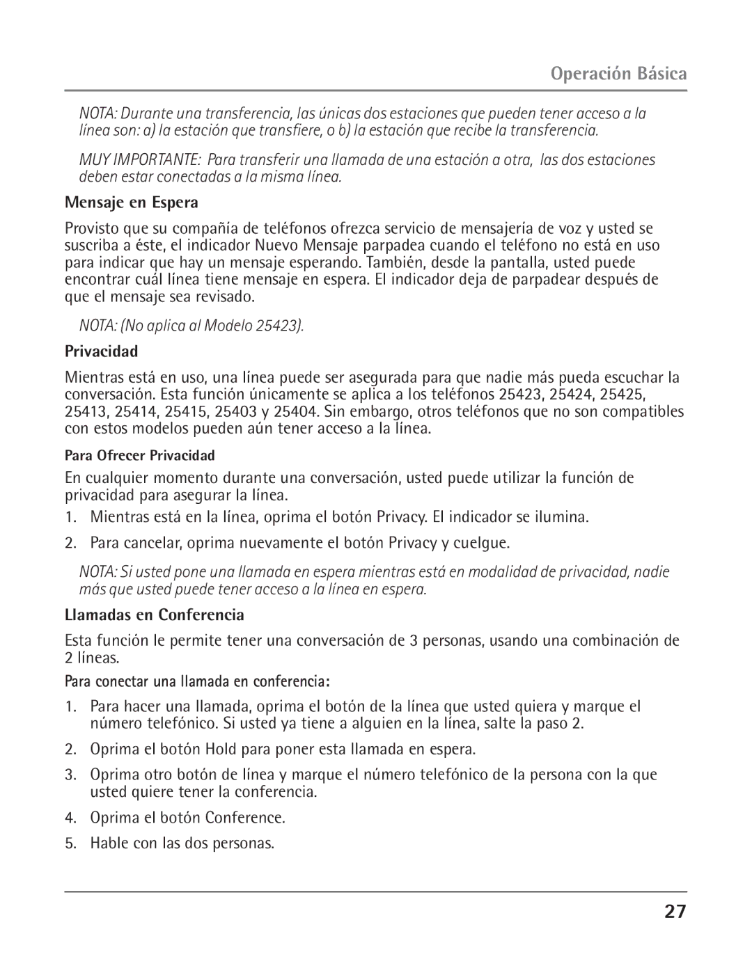 GE 25423, 25424 manual Mensaje en Espera, Privacidad, Llamadas en Conferencia, Para conectar una llamada en conferencia 