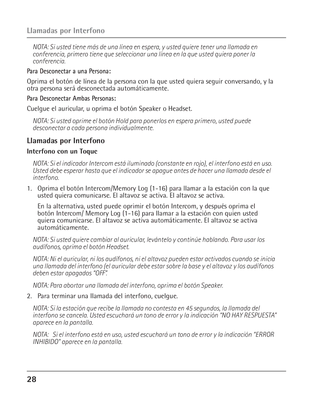 GE 25424 Llamadas por Interfono, Para Desconectar a una Persona, Para Desconectar Ambas Personas, Interfono con un Toque 