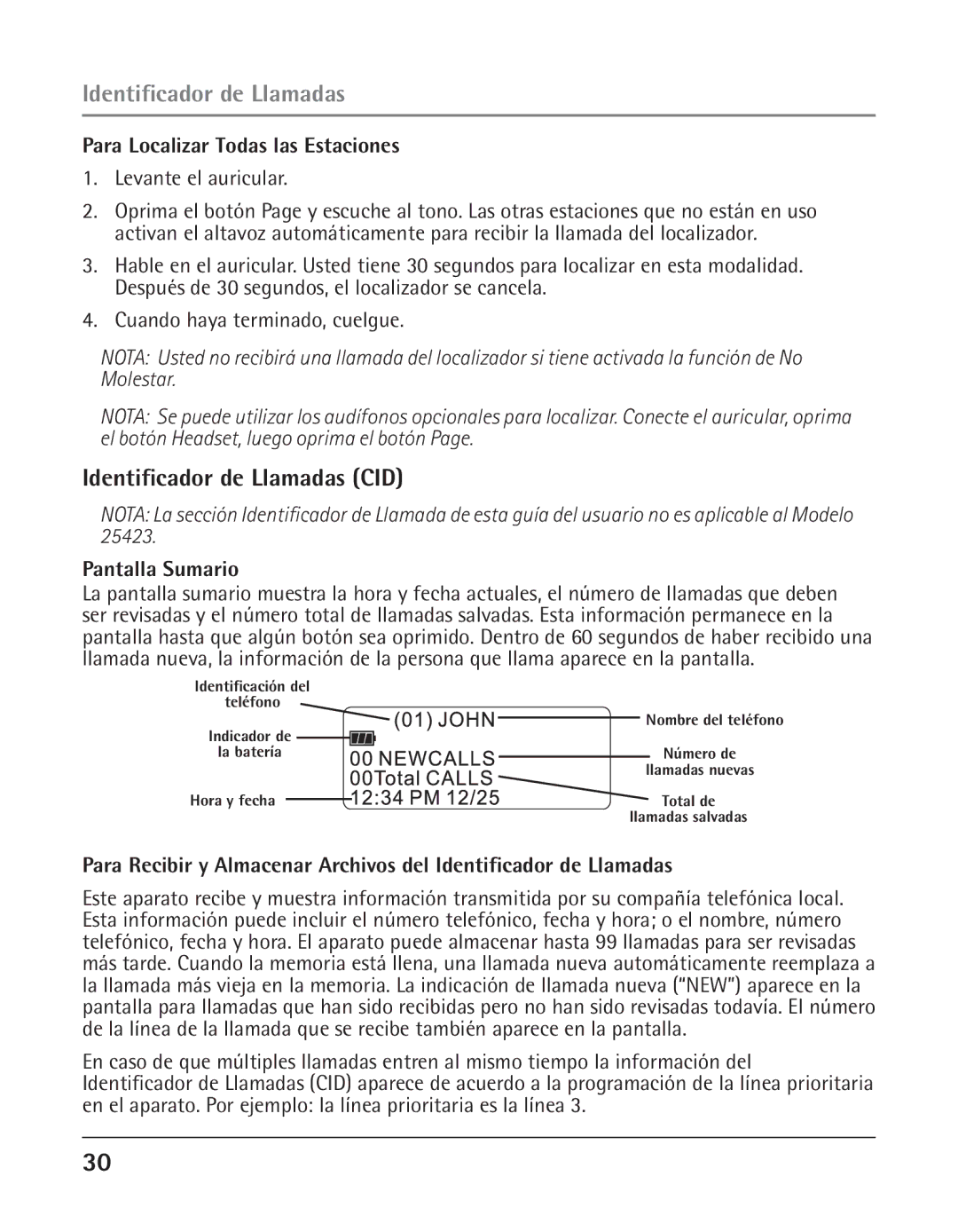 GE 25424 Identificador de Llamadas CID, Para Localizar Todas las Estaciones, Levante el auricular, Pantalla Sumario 