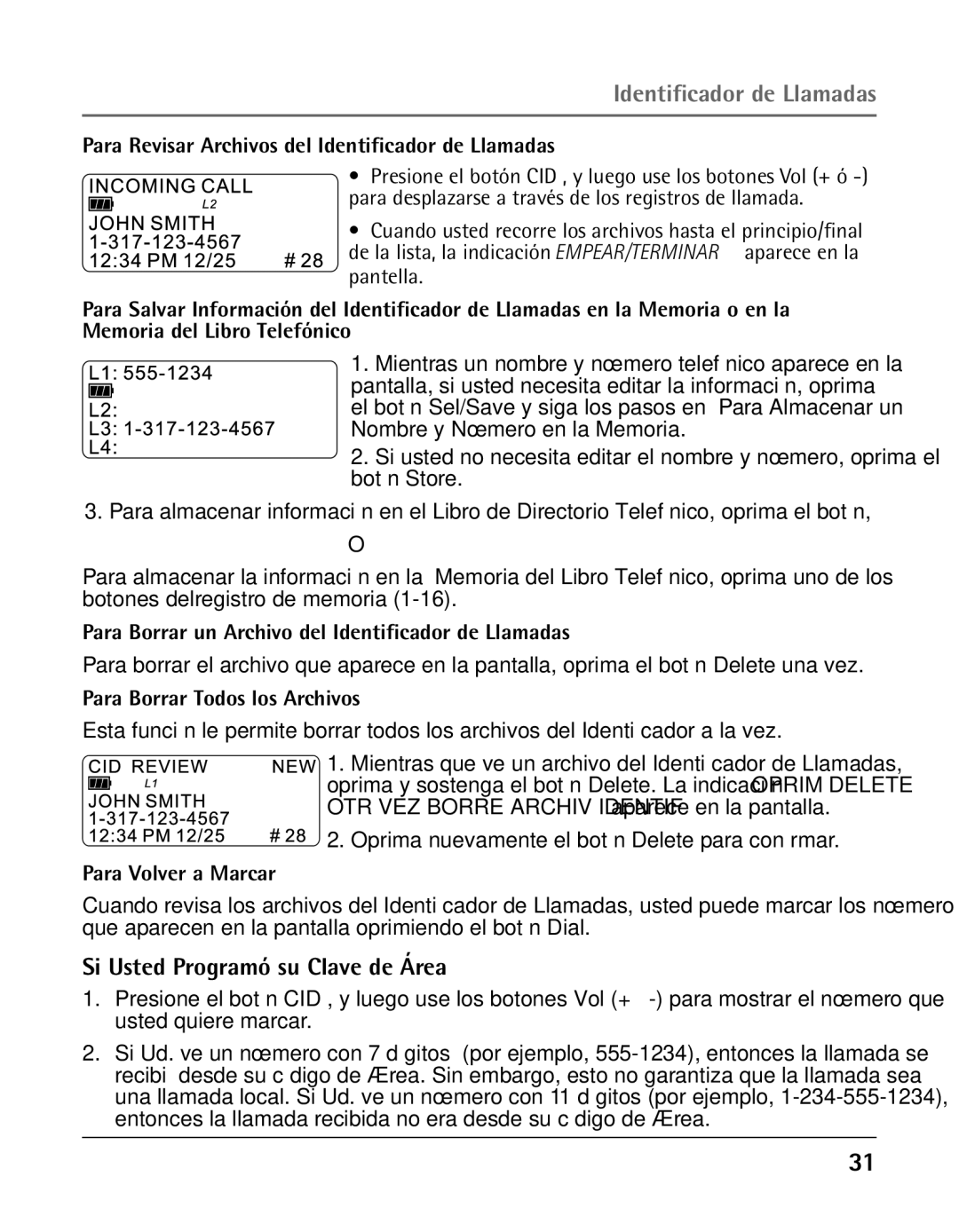 GE 25423, 25424 manual Si Usted Programó su Clave de Área, Para Revisar Archivos del Identificador de Llamadas 