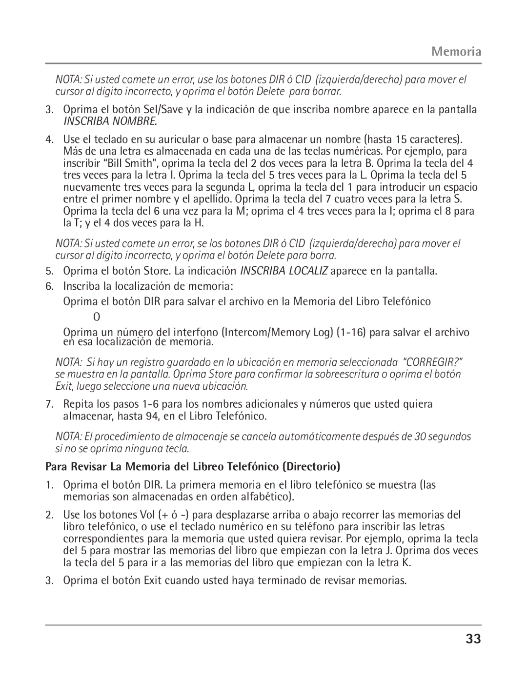 GE 25423, 25424 manual Inscriba Nombre, Para Revisar La Memoria del Libreo Telefónico Directorio 