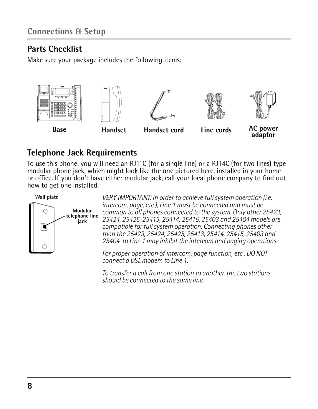 GE 25424, 25423 Connections & Setup, Parts Checklist, Telephone Jack Requirements, Base Handset Handset cord Line cords 