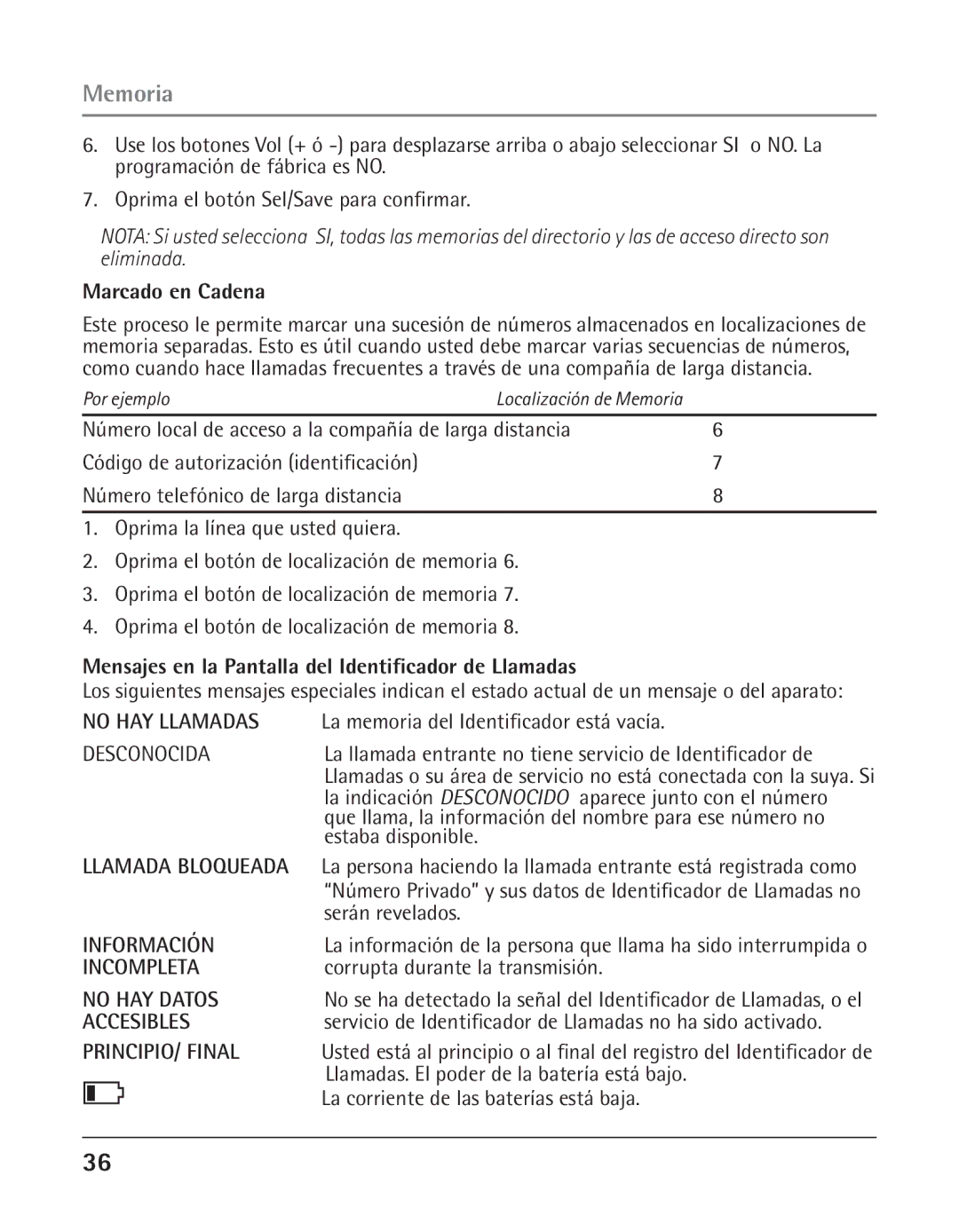 GE 25424, 25423 manual Marcado en Cadena, Mensajes en la Pantalla del Identificador de Llamadas 